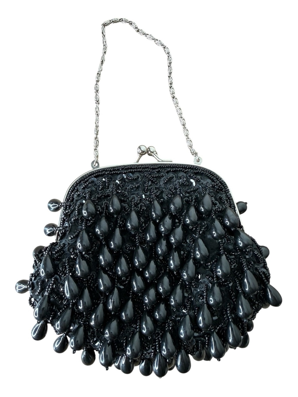 LANCOME Vintage Black Beaded Kisslock Purse Flapper Girl Evening Bag